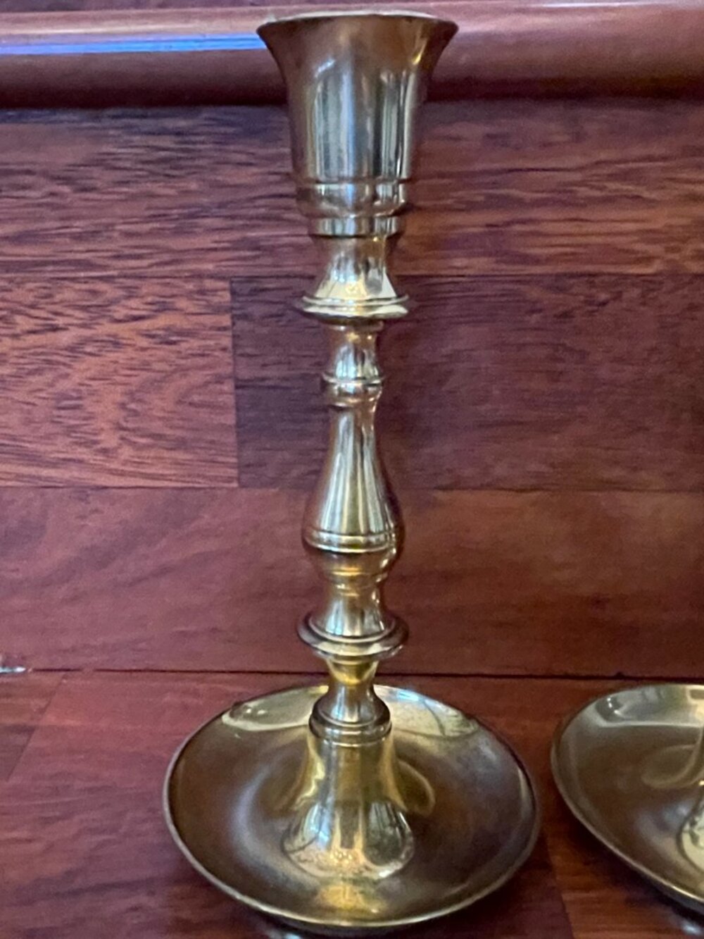 Vintage Solid Brass Candlesticks Candle Holders w/Drip Pans Pair Approx. 7" & 5" - Picture 4 of 7